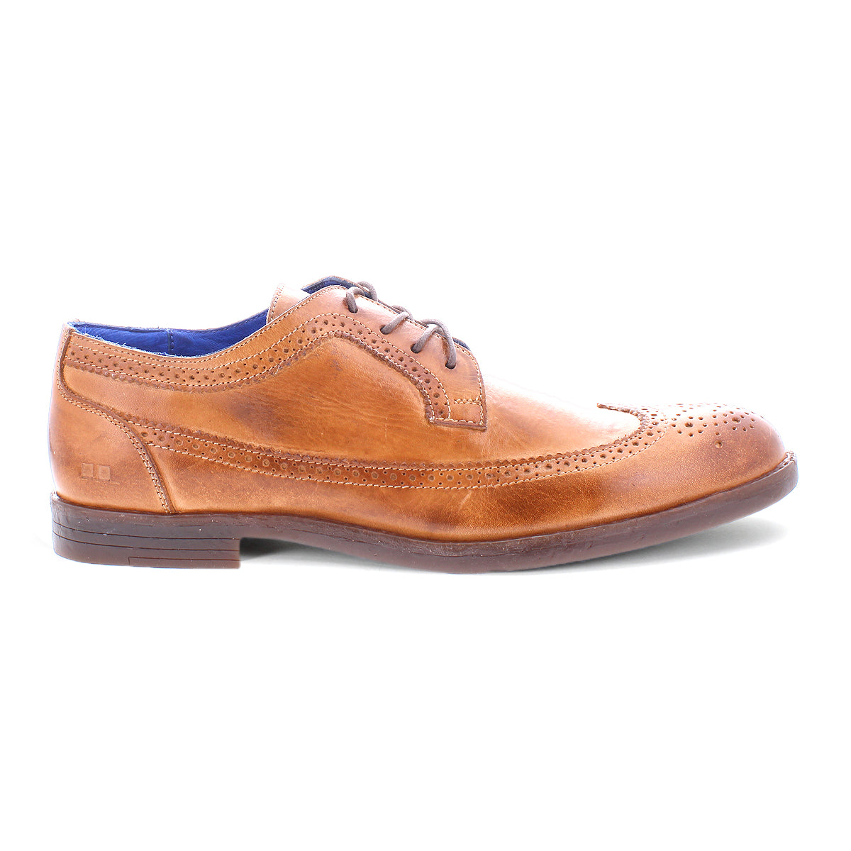 The Sandro II by Bed Stu is a brown leather dress shoe featuring a wingtip toe, exquisite brogue details, and a stylish blue inner lining. Handcrafted for the discerning gentleman, shown in side view on a white background.