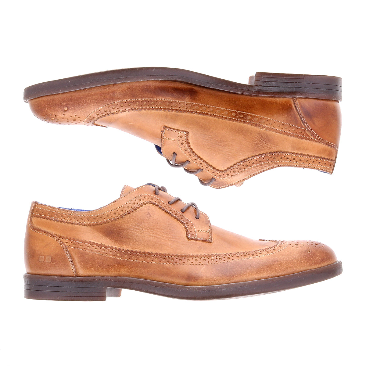 The Sandro II by Bed Stu are two tan leather dress shoes with brogue details and handcrafted leather, featuring decorative perforations, laces, and dark soles, viewed from the side against a white background.