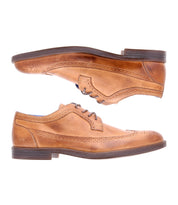 The Sandro II by Bed Stu are two tan leather dress shoes with brogue details and handcrafted leather, featuring decorative perforations, laces, and dark soles, viewed from the side against a white background.