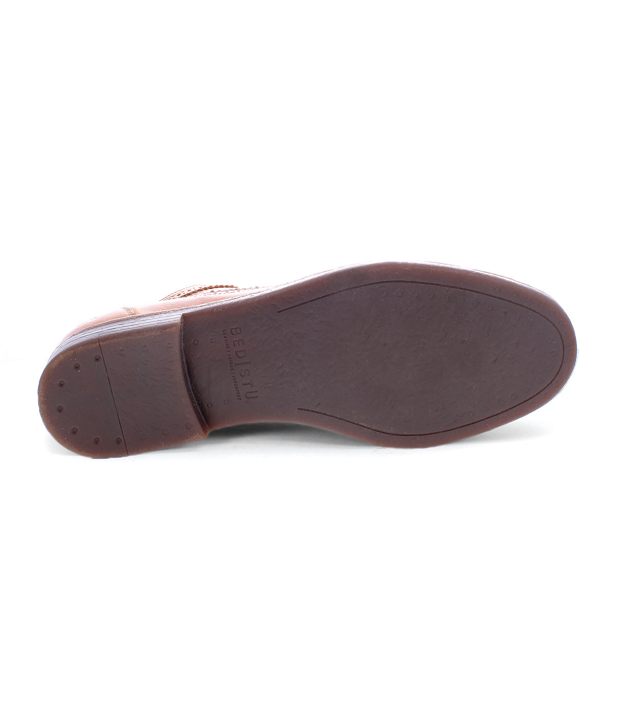 The image displays the bottom view of the Sandro II by Bed Stu, a men's office shoe crafted from handcrafted leather, featuring a smooth sole and small heel.