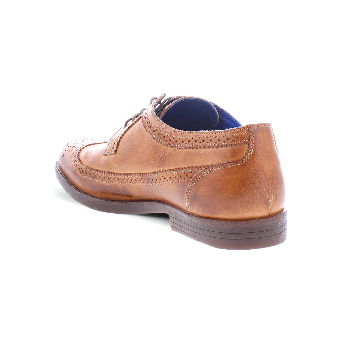 The rear view of the Sandro II by Bed Stu, a brown handcrafted leather dress shoe featuring a wingtip design.