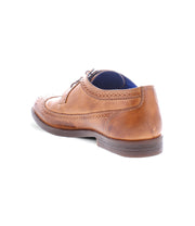 The rear view of the Sandro II by Bed Stu, a brown handcrafted leather dress shoe featuring a wingtip design.