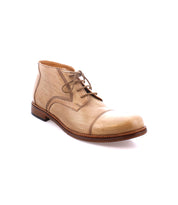 Scoot tan leather Italian lace-up ankle boot by Bed Stu with a rounded cap toe and a dark brown sole, displayed against a white background.