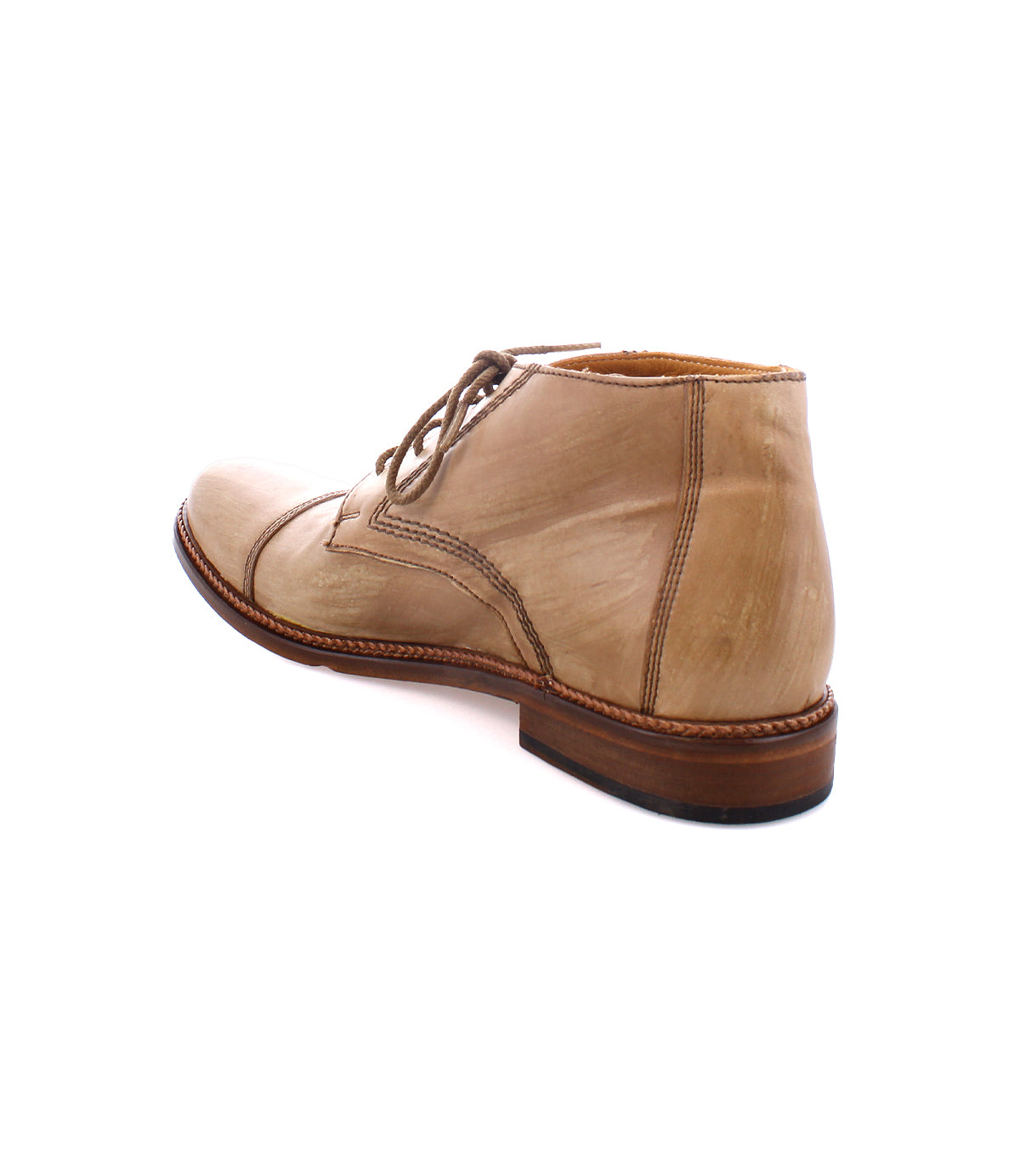 A tan leather Scoot boot by Bed Stu with a cap toe, laces, and a brown wooden sole, viewed from the back.