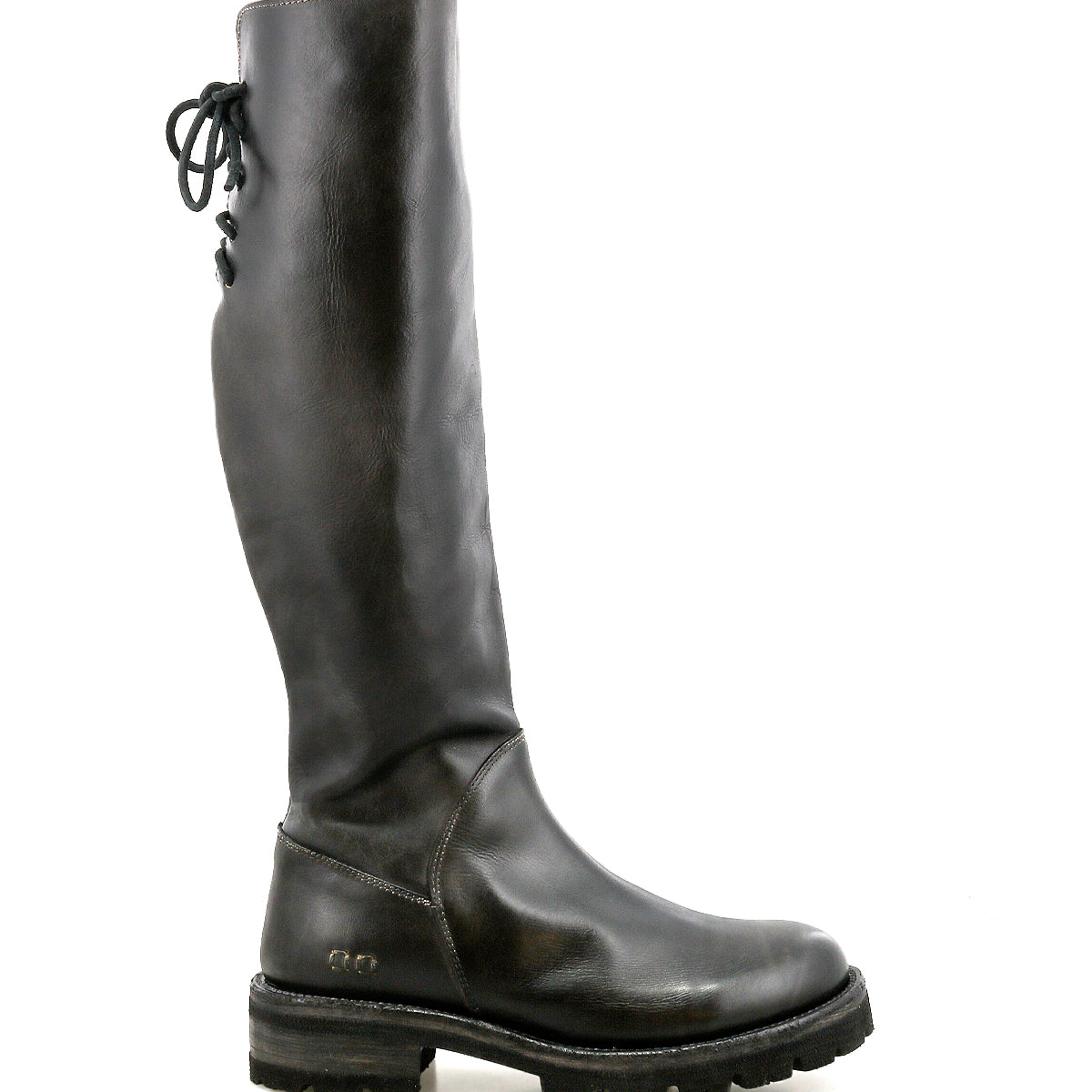 The Bed Stu Scope is a tall women's boot made from premium vegetable-tanned leather, shown in side view, and features a thick sole and elegant lace-up back detail.