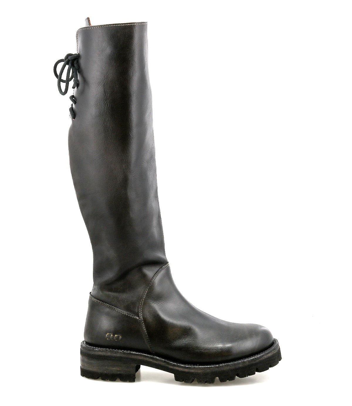 The Bed Stu Scope is a tall women's boot made from premium vegetable-tanned leather, shown in side view, and features a thick sole and elegant lace-up back detail.
