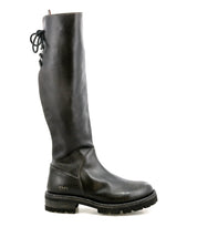 The Bed Stu Scope is a tall women's boot made from premium vegetable-tanned leather, shown in side view, and features a thick sole and elegant lace-up back detail.