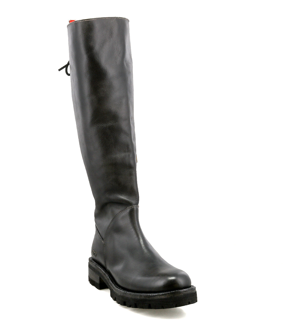 The Bed Stu Scope is a tall women's boot in black, made from vegetable-tanned leather with a chunky sole and slight heel, shown at an angle on a white background.