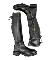 Bed Stu’s Scope: black tall women’s boots in vegetable-tanned leather, with side zippers, lace-up back detail, and chunky rubber soles—shown from side and back.