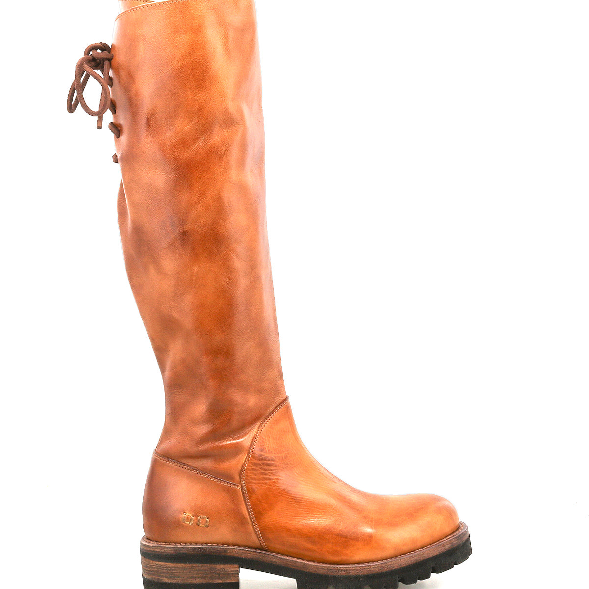 The Bed Stu Scope is a tall women's leather boot made from vegetable-tanned leather, featuring a rugged sole, low heel, and lace-up back detail, shown in profile against a white background.