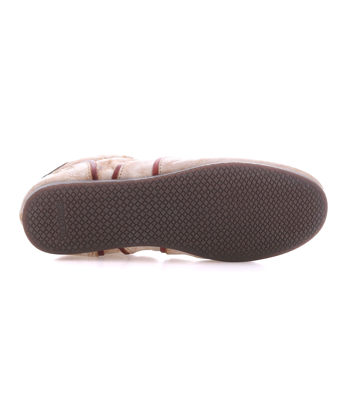 The image shows the bottom view of a Bed Stu Scurry II shoe featuring a beige upper, dark brown textured rubber sole, simple tread pattern, and a low-profile silhouette.