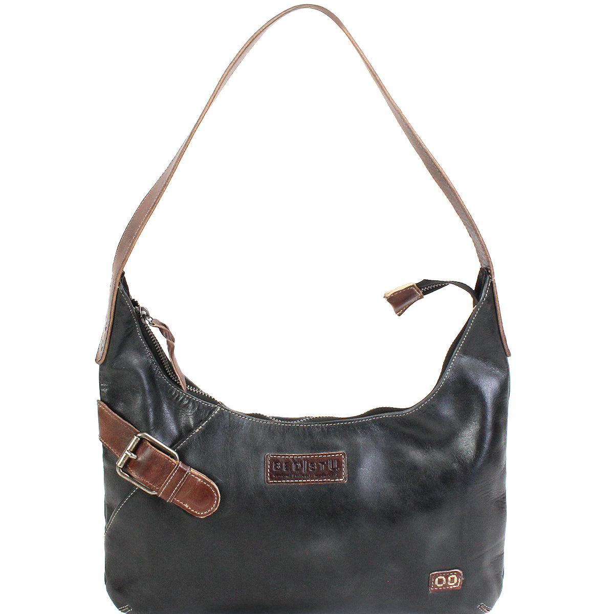 The Bed Stu Seemly is a compact black leather bag with a brown strap, everyday style, an elegant front buckle detail, and a secure zippered closure.