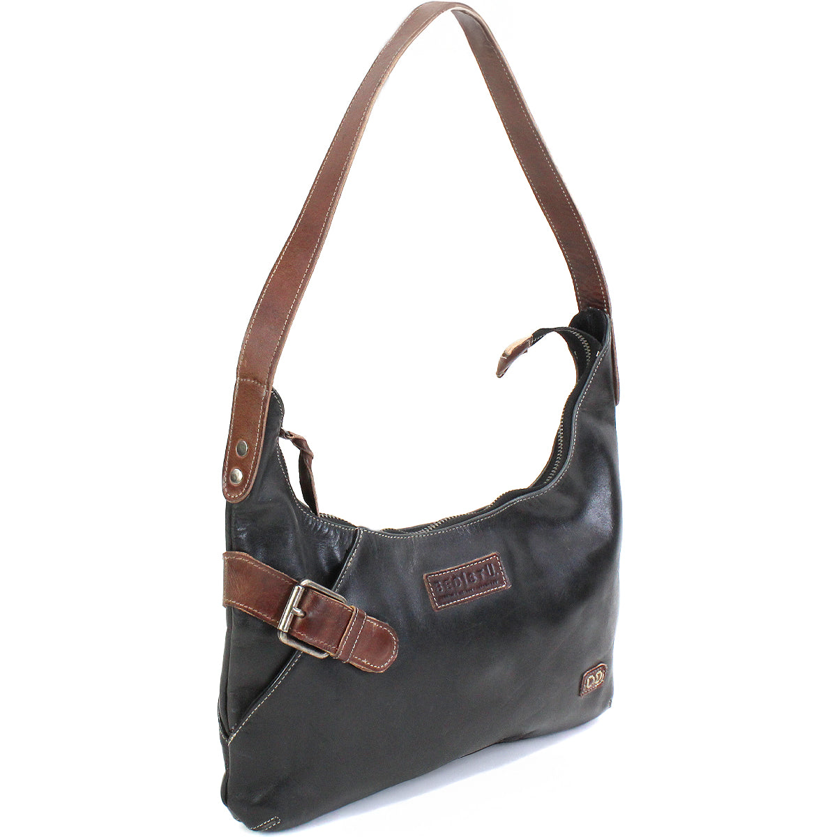 The Seemly by Bed Stu is a black leather shoulder bag featuring a brown strap, zipper closure, and front decorative buckle—ideal for everyday style.