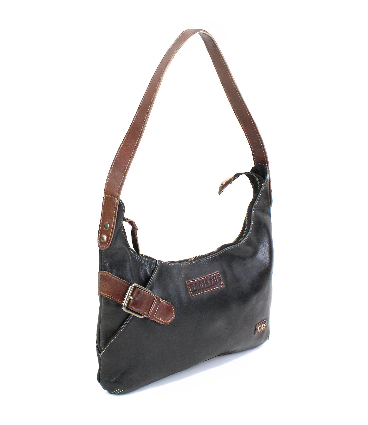 The Seemly by Bed Stu is a black leather shoulder bag featuring a brown strap, zipper closure, and front decorative buckle—ideal for everyday style.