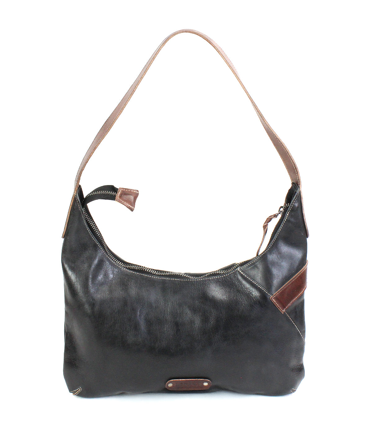 The Seemly by Bed Stu is a black compact shoulder bag with brown accents, buckle detail, single strap, and zippered top, displayed against a white background—ideal for everyday style.