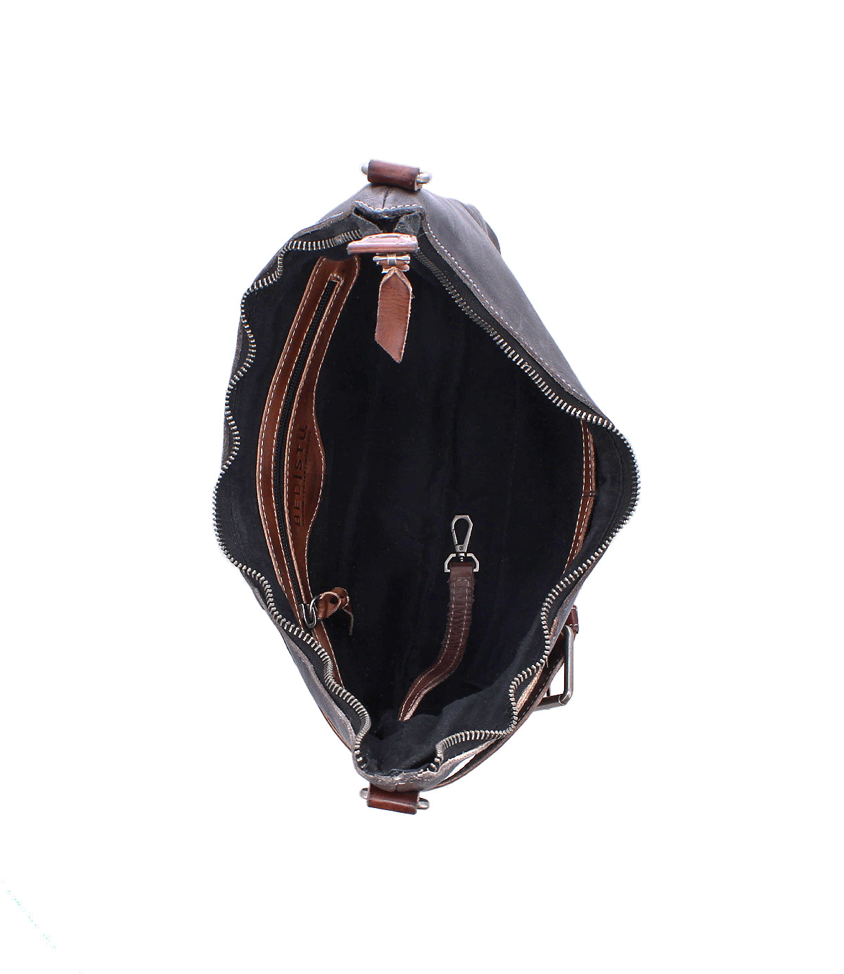 The Bed Stu Seemly is a compact brown leather bag with buckle detail, featuring a zip pocket, small side pocket, and key clip in a spacious black-lined interior—ideal for everyday style.