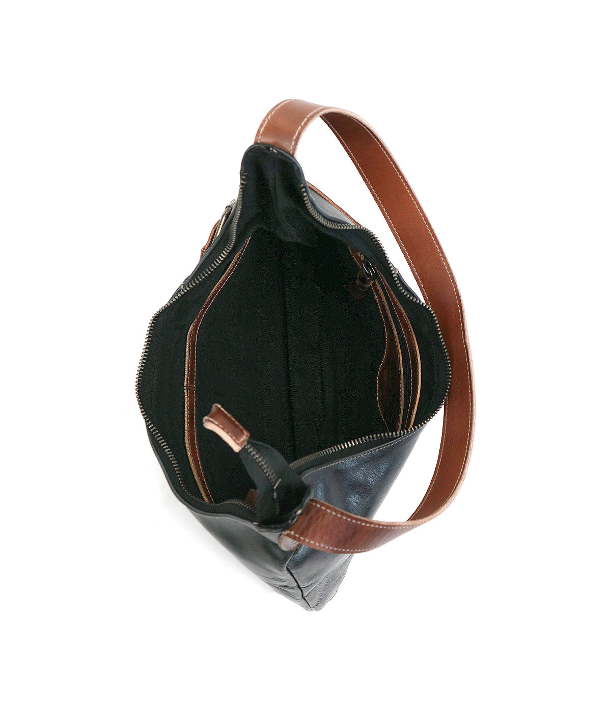 Top view of the Bed Stu Seemly—an open black leather handbag with brown handles and trim, spacious interior, zip pocket, and sleek buckle detail—perfect for everyday style.