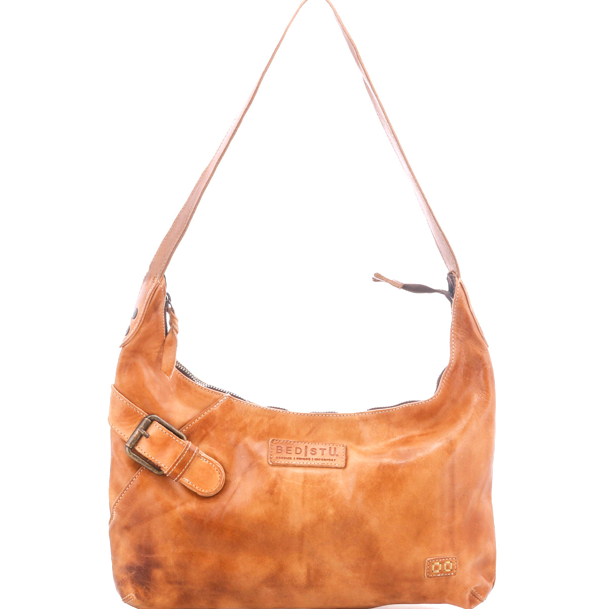 The Seemly by Bed Stu is a light brown leather shoulder bag with a single strap, front buckle, and branded embossing. Its compact design features a zippered top closure—ideal for everyday styling.