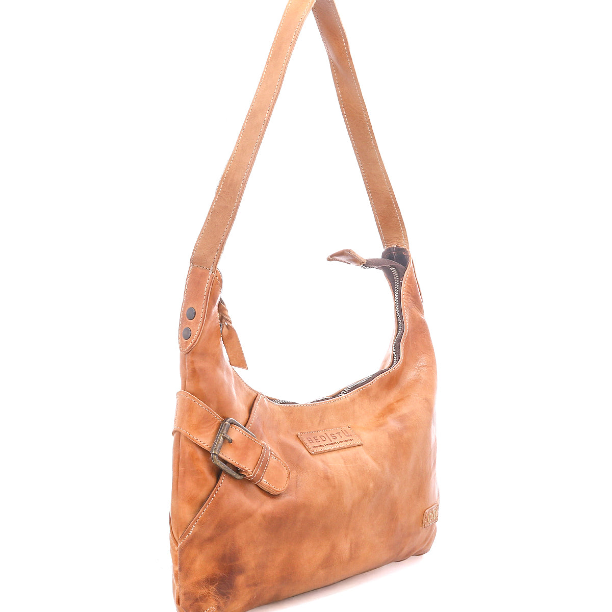 The Seemly by Bed Stu is a light brown leather shoulder bag featuring a single strap, side buckle detail, zipper closure, and embossed front branding—a compact choice for everyday style.
