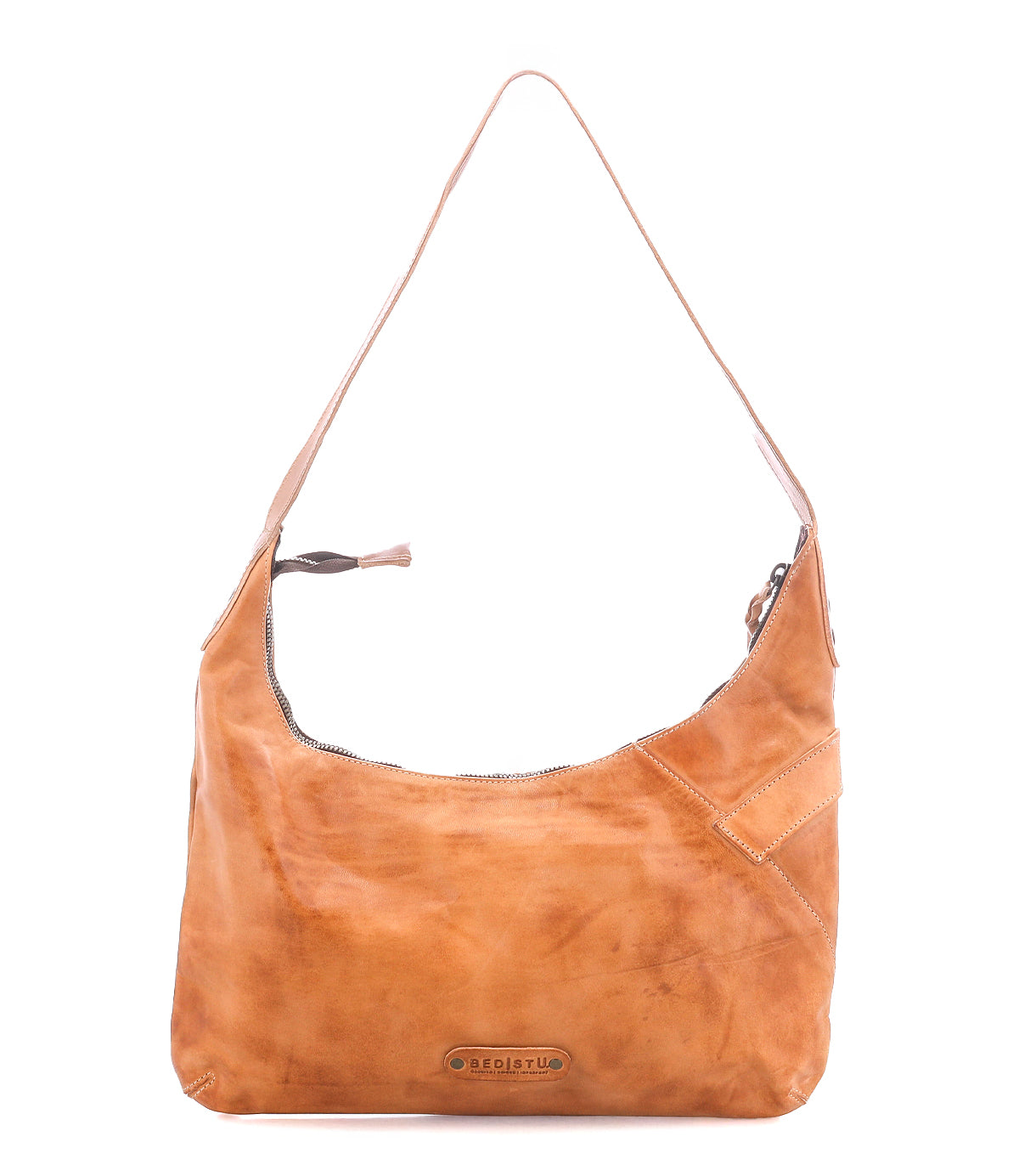 The Seemly by Bed Stu is a tan leather shoulder bag featuring a single wide strap, visible stitching, buckle detail, and a top zipper closure—perfect for everyday style.