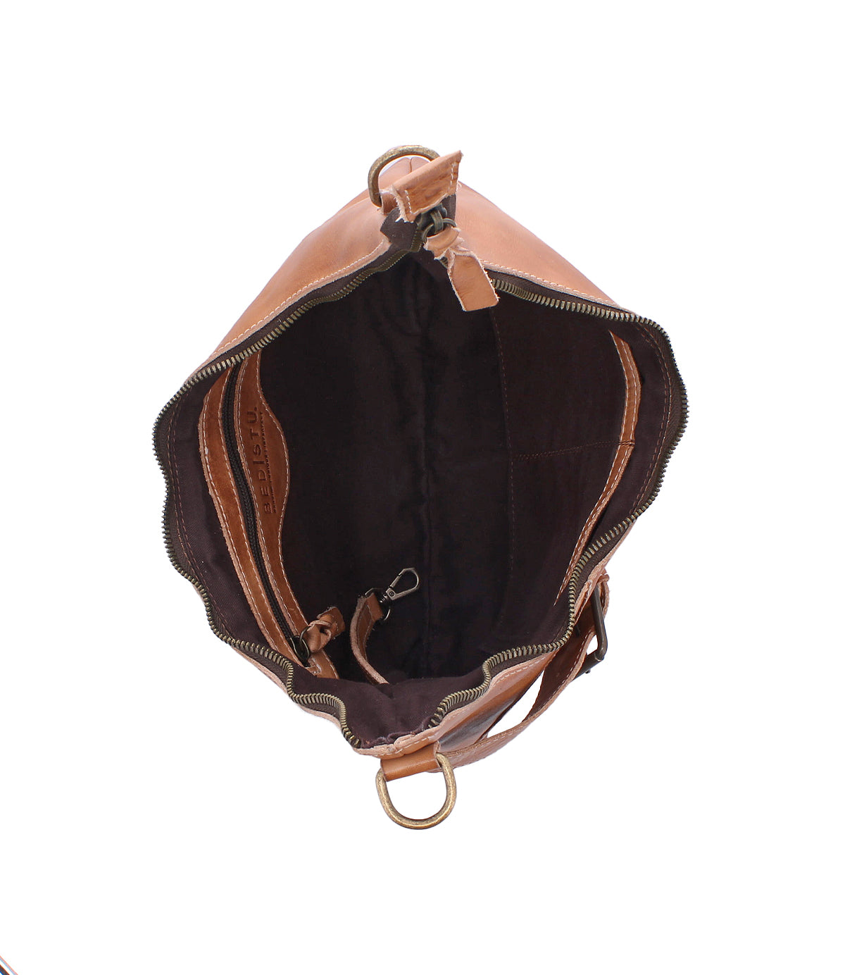 Top view of the Bed Stu Seemly bag in brown leather with a zipper, featuring a dark fabric-lined interior, inner pockets, and a small metal clasp—ideal for everyday style.
