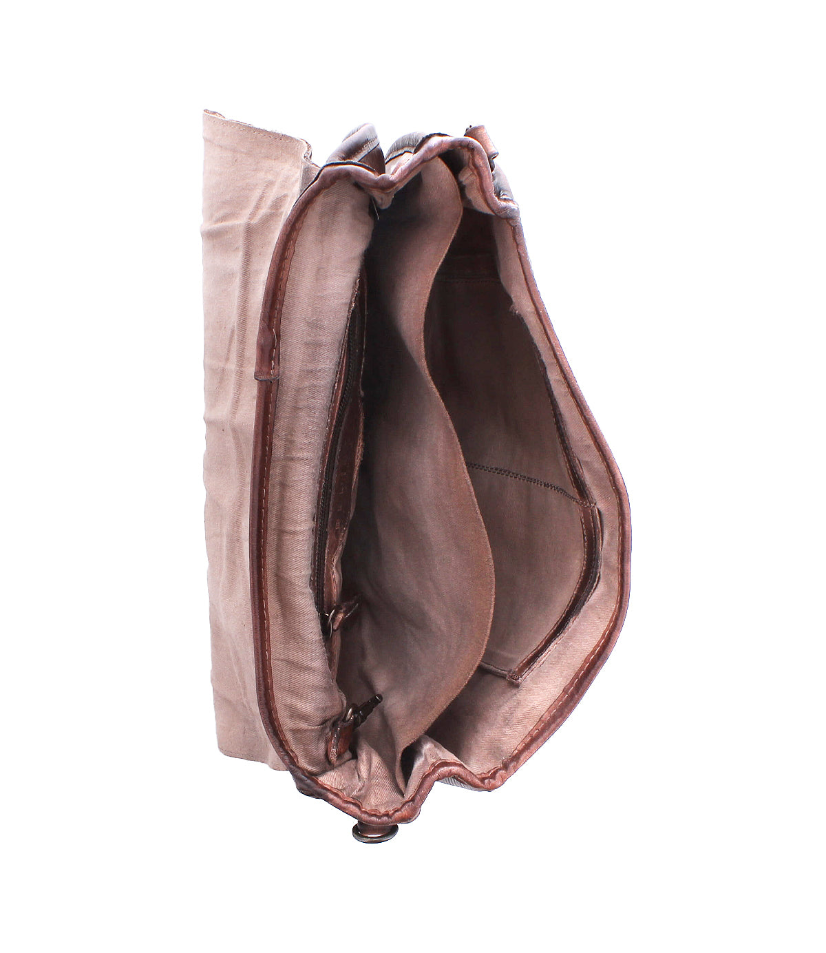 The Bed Stu Sequoia EM wallet in brown fabric stands upright, partially open, with visible stitching, two main compartments, and vegetable-tanned leather accents for extra durability and style.