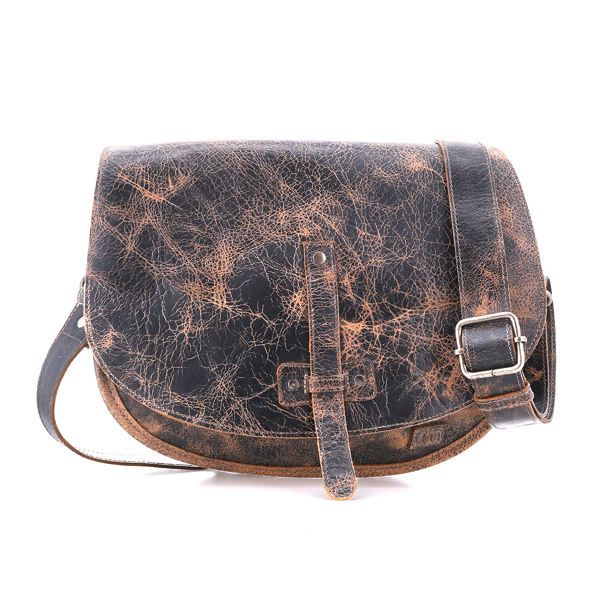The Bed Stu Sequoia is a vegetable-tanned leather crossbody bag with a worn, distressed texture, buckle, and adjustable strap, shown against a white background.