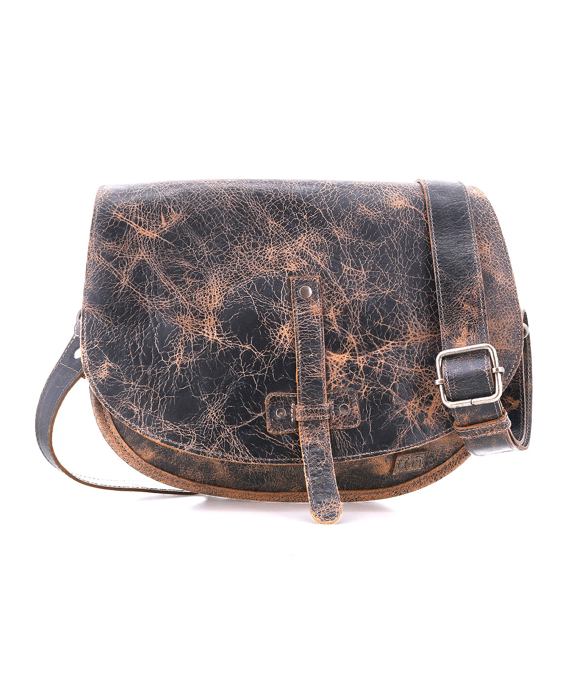 The Bed Stu Sequoia is a vegetable-tanned leather crossbody bag with a worn, distressed texture, buckle, and adjustable strap, shown against a white background.