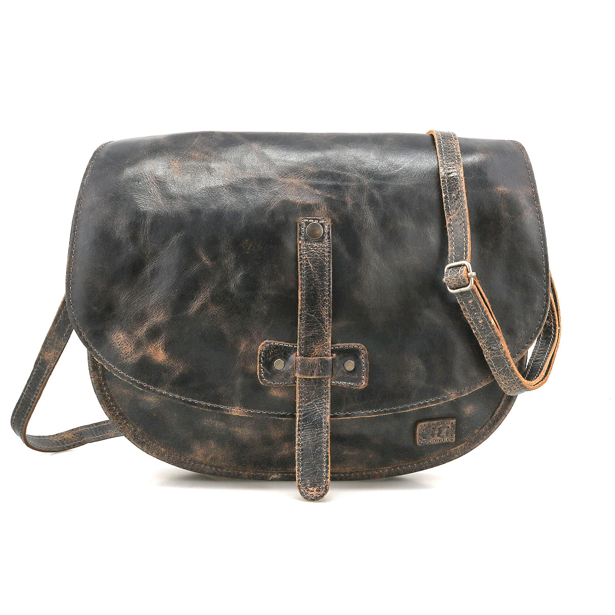 The Bed Stu Sequoia messenger bag features vegetable-tanned dark brown leather with a flap closure, adjustable crossbody strap, and rustic scuffs for a worn-in look.