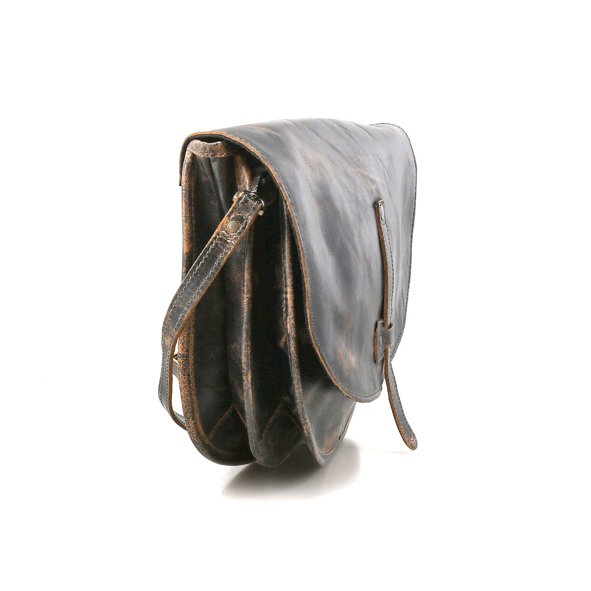 The Bed Stu Sequoia is a vintage brown satchel made from vegetable-tanned leather, featuring a magnetic front flap, shoulder strap, and three main compartments, shown on a white background.