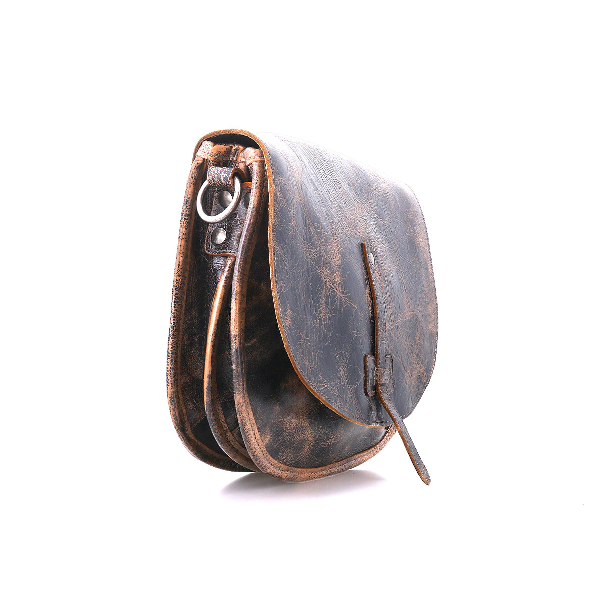 The Bed Stu Sequoia is a small, brown crossbody bag made from distressed leather, featuring a flap closure, decorative and adjustable strap, shown against a white background.