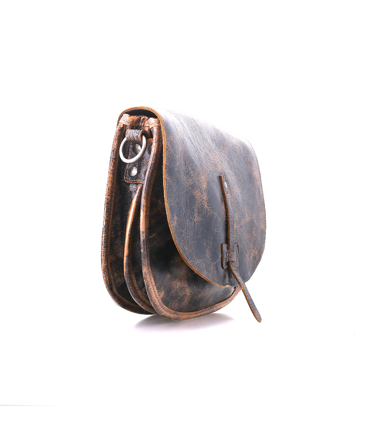 The Bed Stu Sequoia is a small, brown crossbody bag made from distressed leather, featuring a flap closure, decorative and adjustable strap, shown against a white background.