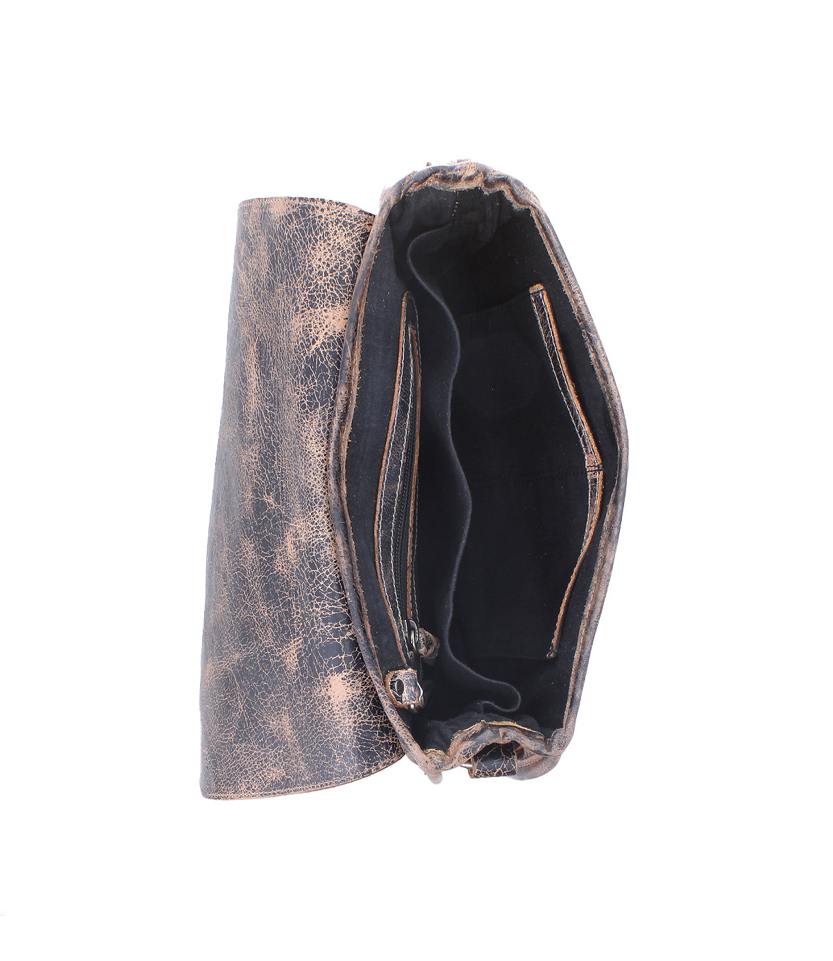 The Bed Stu Sequoia wallet features distressed brown vegetable-tanned leather, opened to reveal a black fabric interior with compartments and a zippered pocket, photographed on a white background.