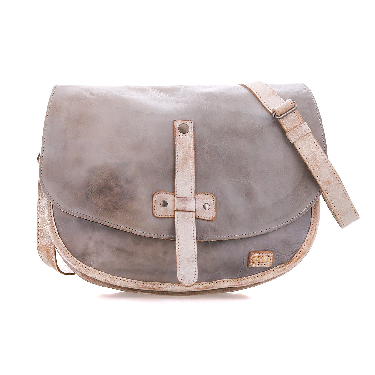 The Sequoia messenger bag by Bed|Stü is crafted from vegetable-tanned, weathered gray leather and features a long adjustable crossbody strap and a front buckle detail, shown against a white background.