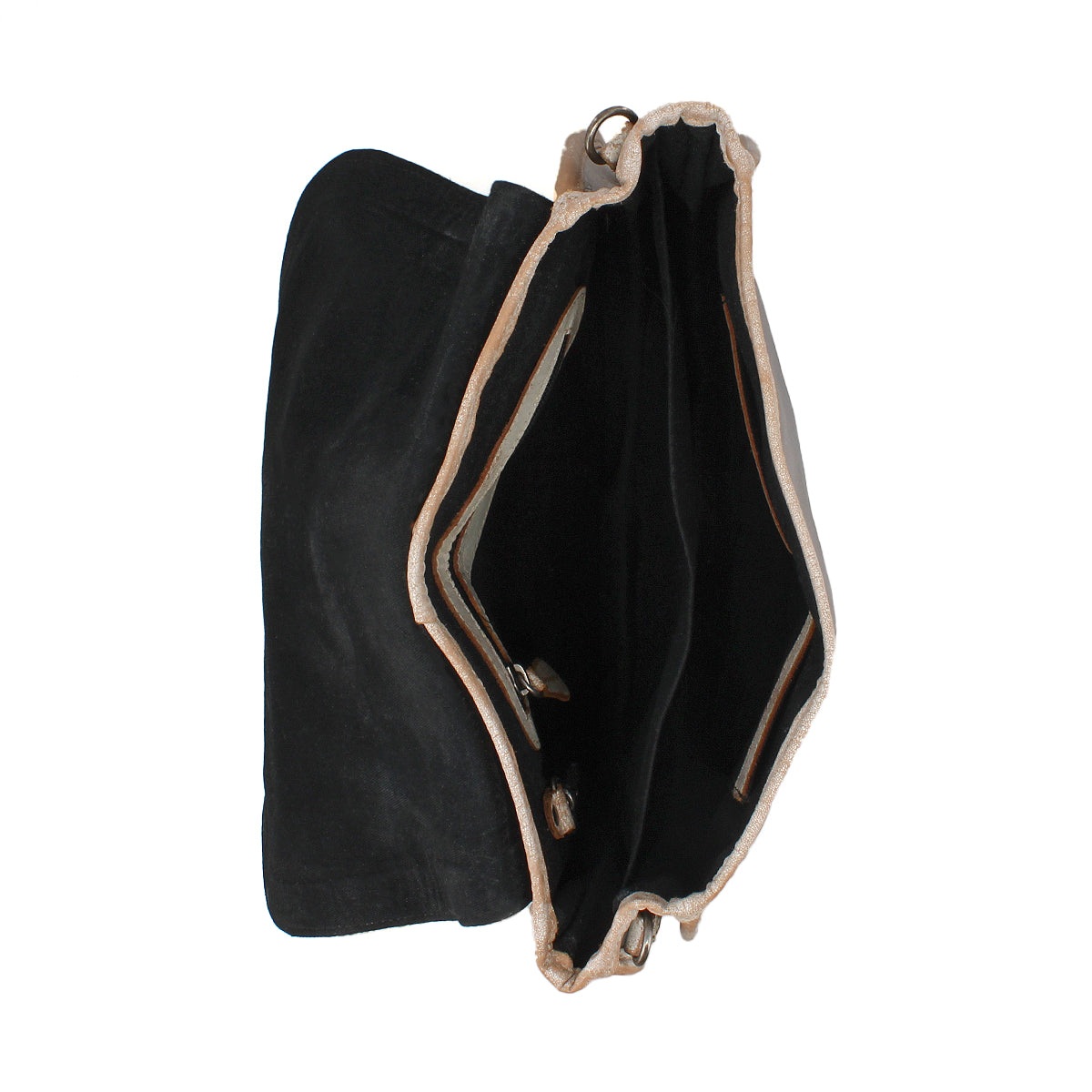 The Bed Stu Sequoia is an open vintage-style black wallet made from vegetable-tanned leather, featuring two main compartments, a side pocket, and a metal frame with clasp closure.