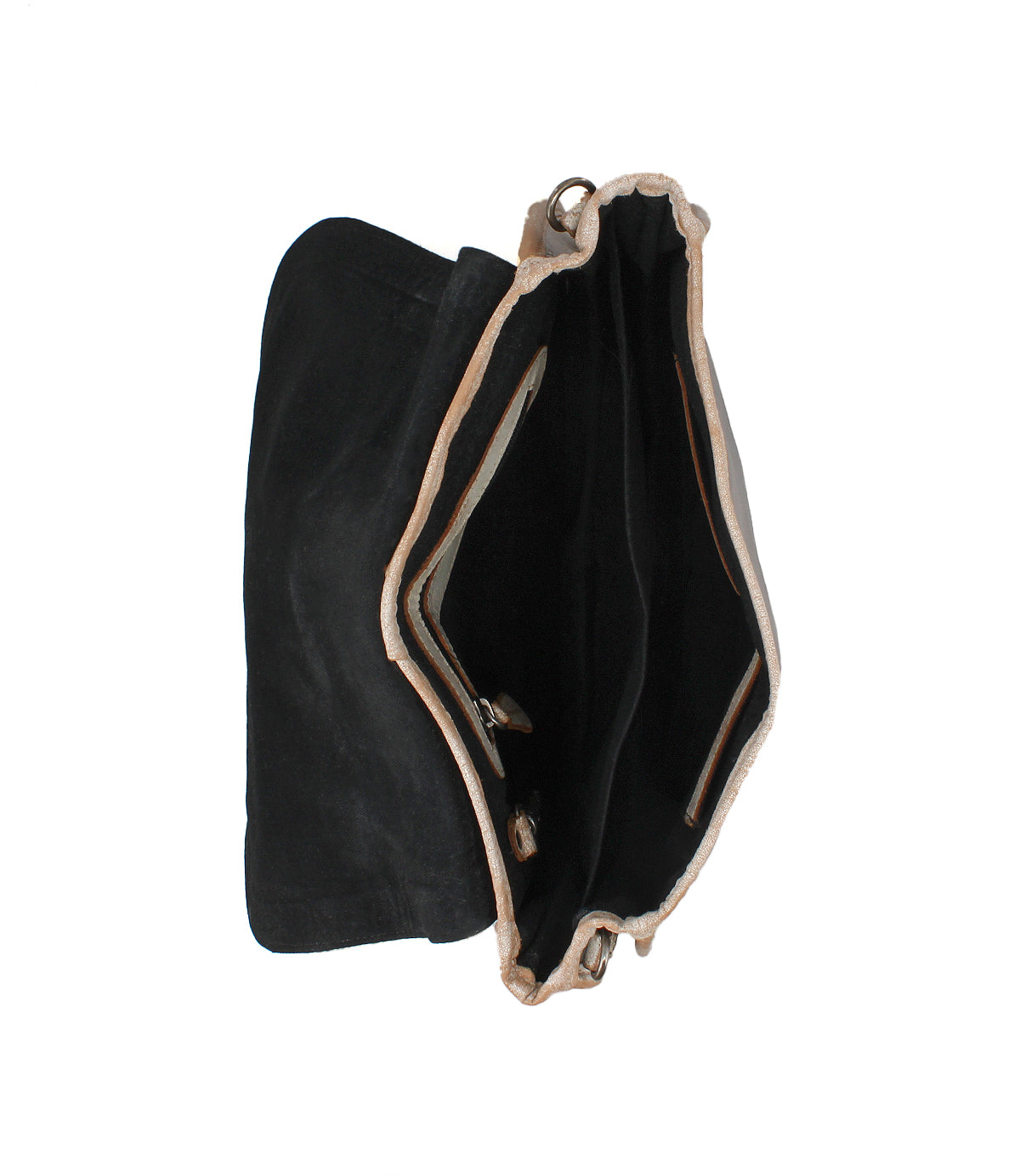 The Bed Stu Sequoia is an open vintage-style black wallet made from vegetable-tanned leather, featuring two main compartments, a side pocket, and a metal frame with clasp closure.