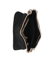 The Bed Stu Sequoia is an open vintage-style black wallet made from vegetable-tanned leather, featuring two main compartments, a side pocket, and a metal frame with clasp closure.