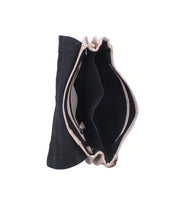 Top view of the Bed|Stü Sequoia handbag in black and beige vegetable-tanned leather, shown open to reveal several interior compartments and a zipper pocket against a white background.