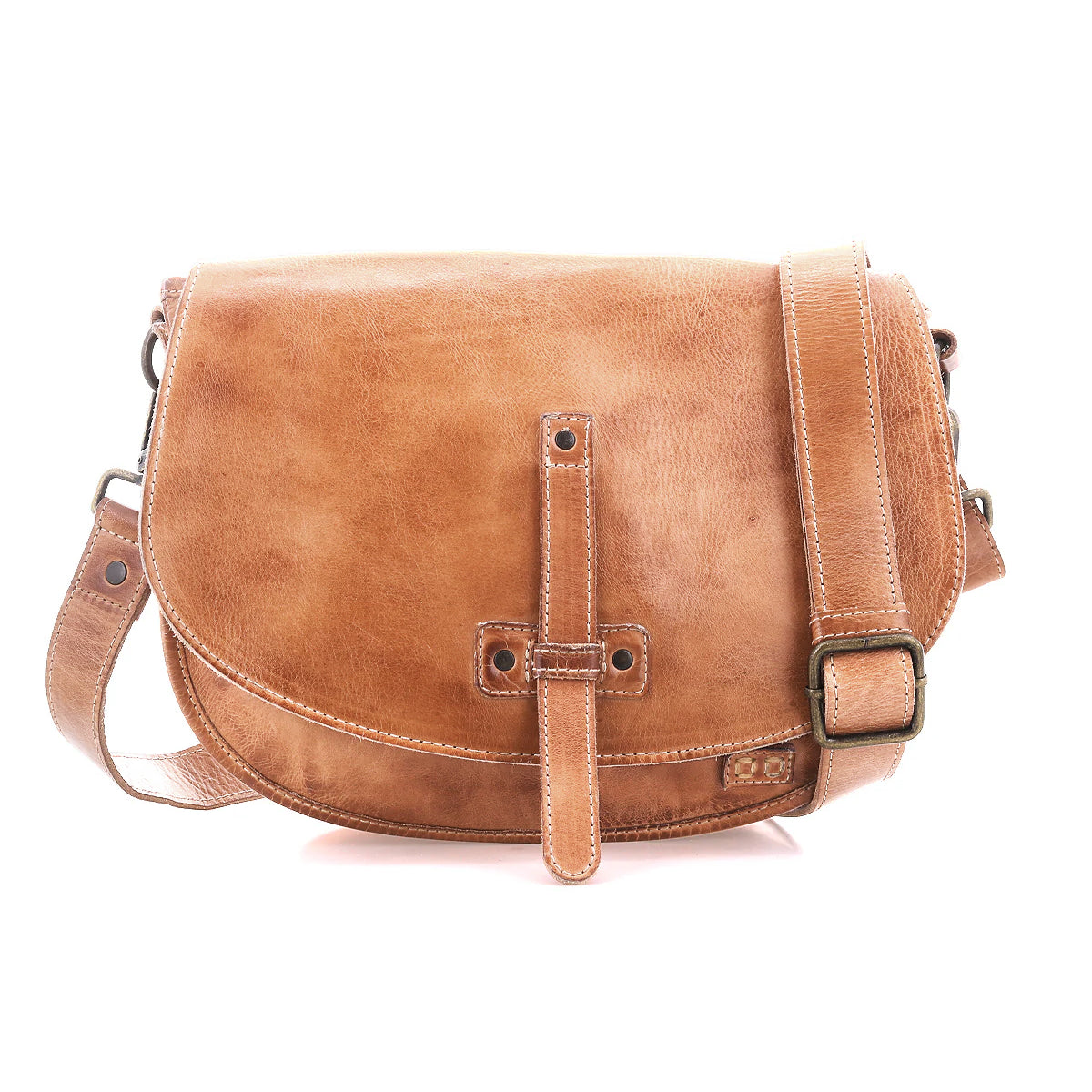 The Bed Stu Sequoia is a brown vegetable-tanned leather crossbody bag featuring a front flap, buckle strap closure, and an adjustable strap for comfortable carrying.