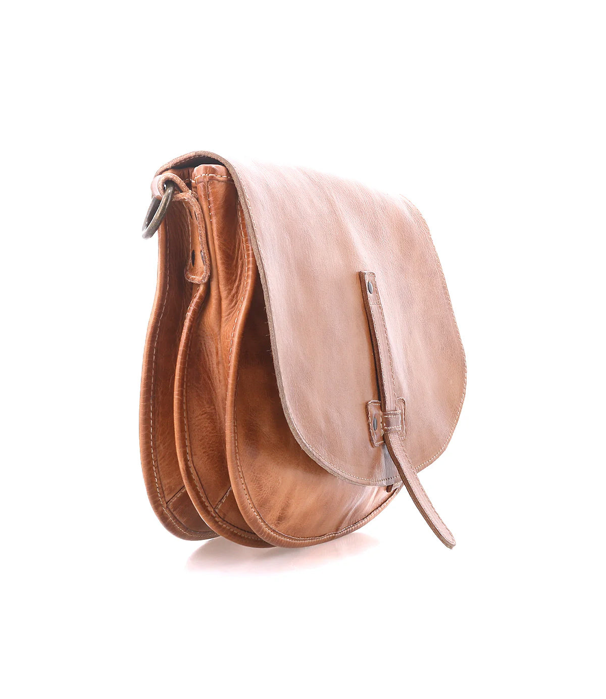 The Bed Stu Sequoia is a brown vegetable-tanned leather crossbody bag with a flap closure, adjustable strap, and side buckle, shown on a white background.