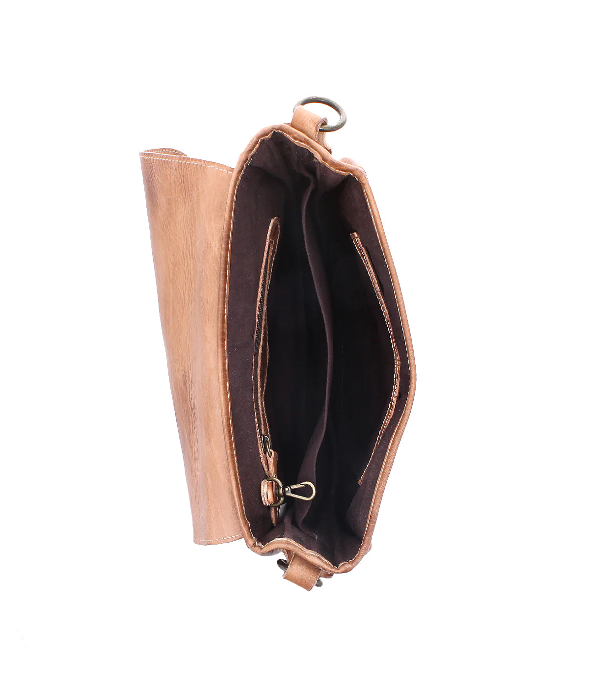 The Bed Stu Sequoia is an open brown vegetable-tanned leather crossbody bag with two main compartments, a zippered pocket, adjustable strap, and clasp, shown from above on a white background.