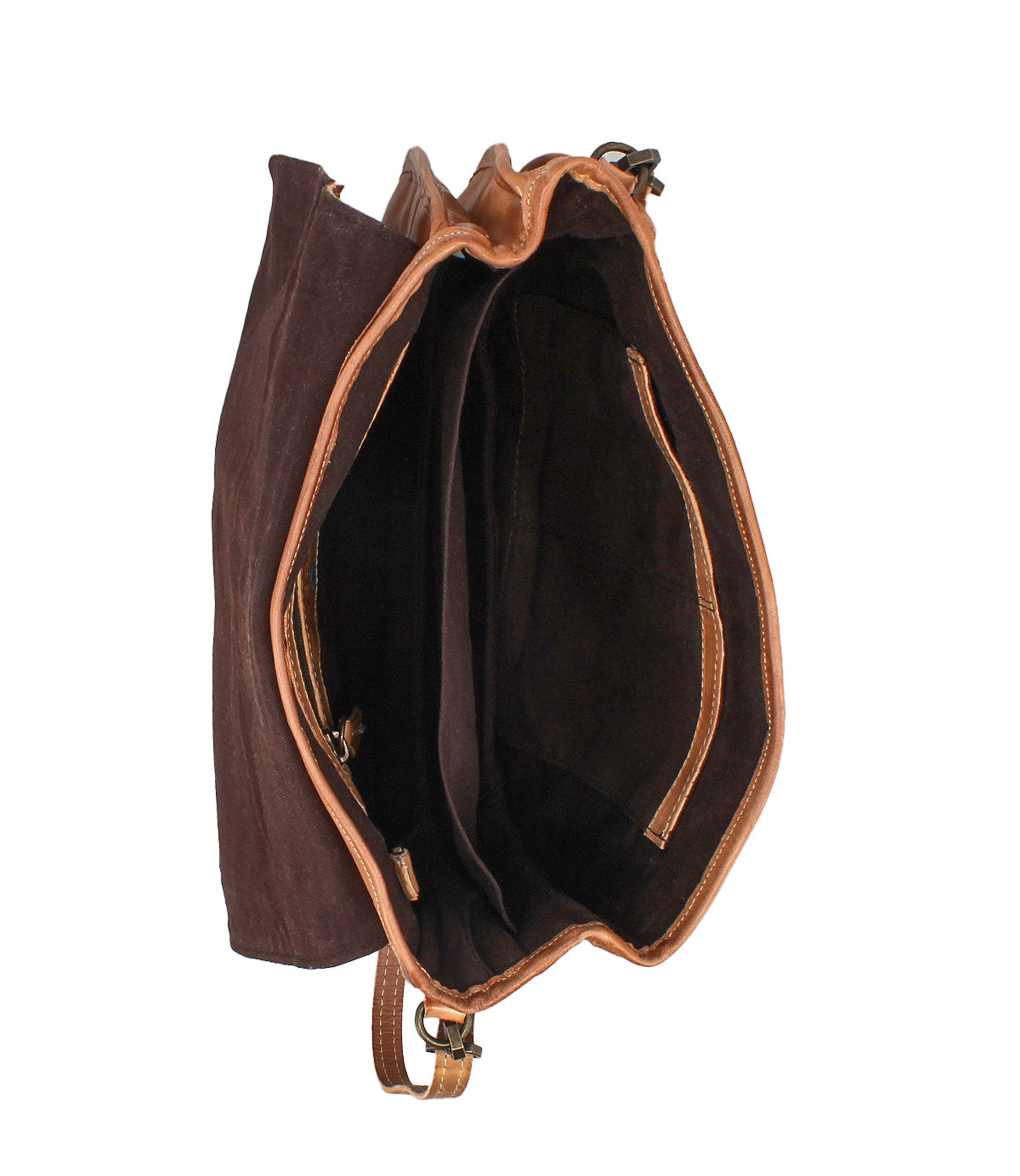 The Bed Stu Sequoia is an open vegetable-tanned leather crossbody bag with multiple compartments and pockets, seen from above on a white background. It includes an adjustable strap for versatile carrying.