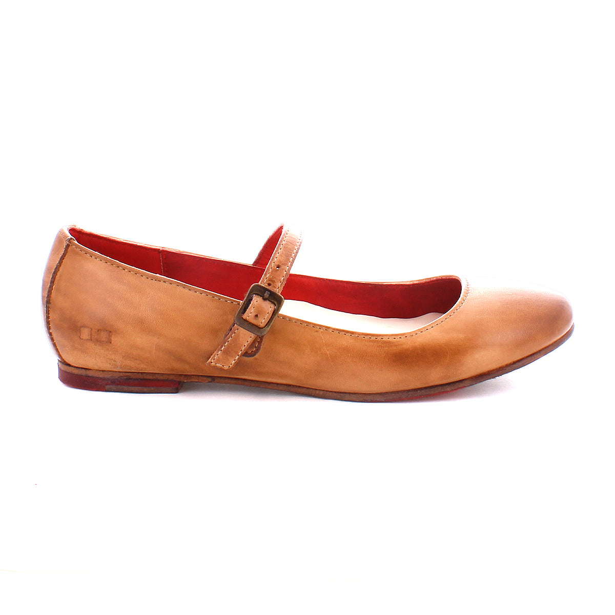 A tan leather ballet flat with an adjustable buckle strap and red interior, viewed from the side, perfect for those embracing the ballerinacore trend is the Shuffle III by Bed Stu.