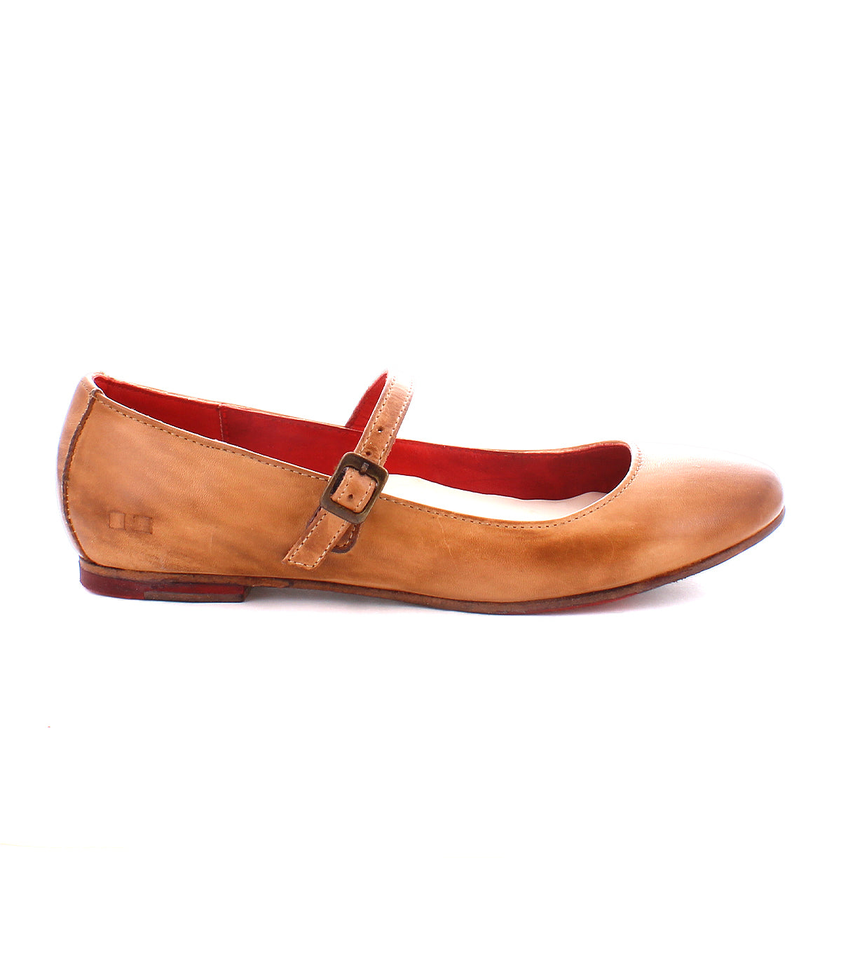 A tan leather ballet flat with an adjustable buckle strap and red interior, viewed from the side, perfect for those embracing the ballerinacore trend is the Shuffle III by Bed Stu.