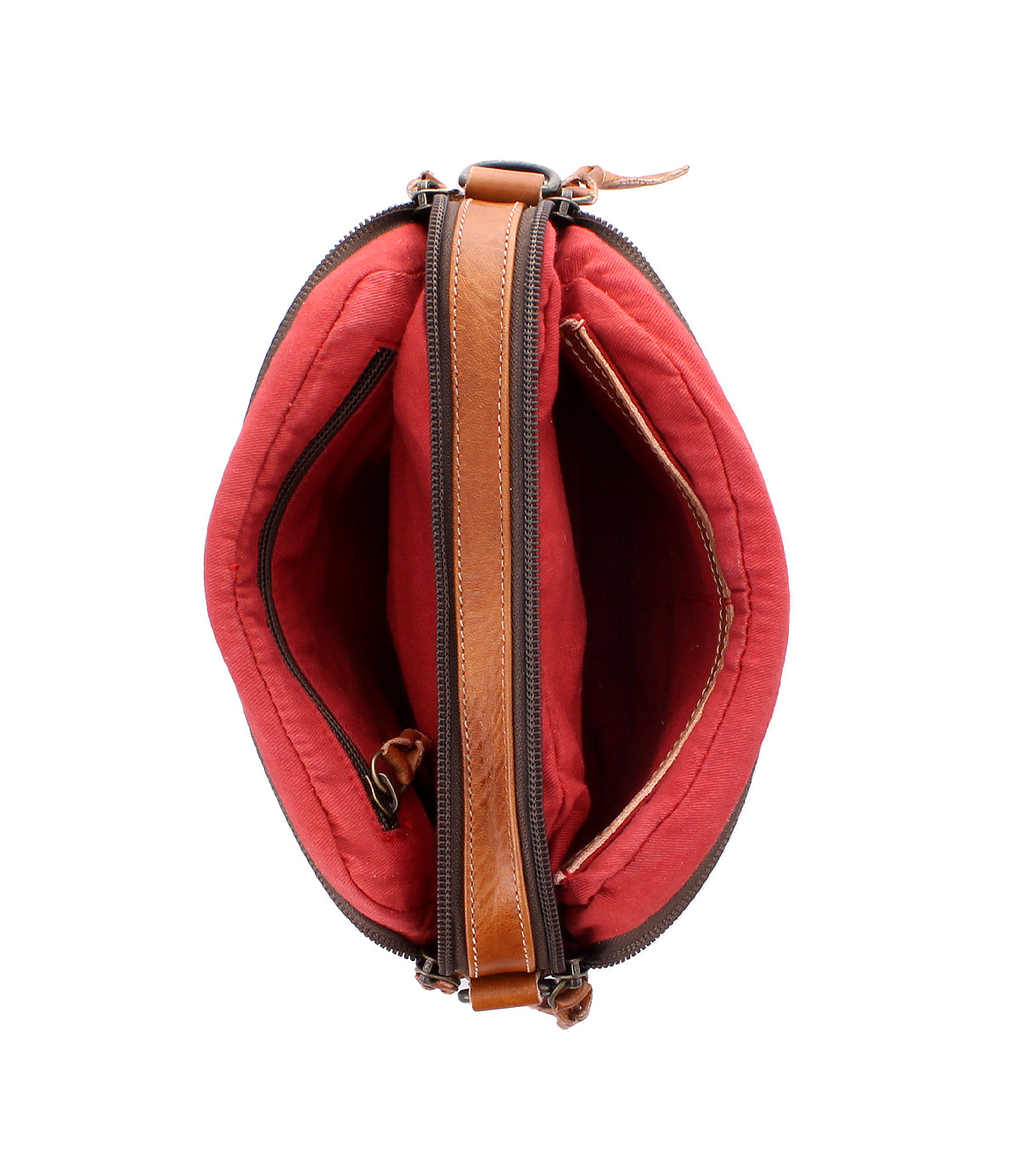 The Shy by Bed Stu is a brown leather compact crossbody with a red fabric lining, featuring two main compartments, a zip divider pocket, and refined leather details for effortless organization.