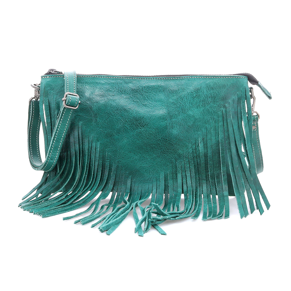 The Bed Stu Silverrock is a teal leather small crossbody bag with a long strap and chic fringe detailing along the bottom and sides.