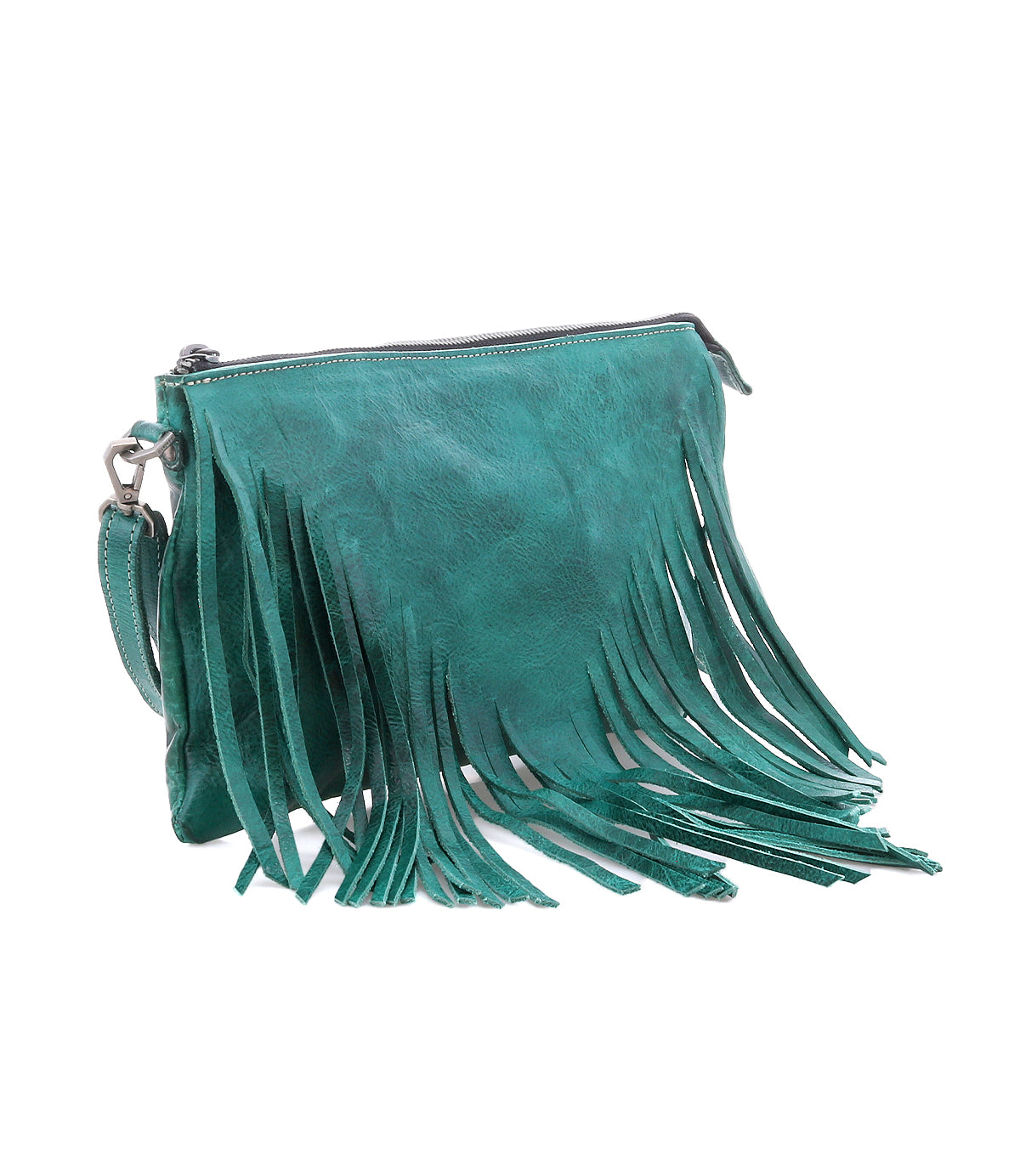 The Bed Stu Silverrock is a teal leather clutch with a zipper closure and long fringe on the front and sides, adding stylish flair to your outfit.