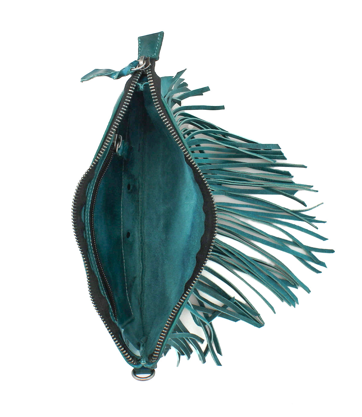 The Bed Stu Silverrock is a teal suede fringe flap bag with zipper closure, shown open to reveal an interior pocket and fabric lining—a striking small accessory for any occasion.