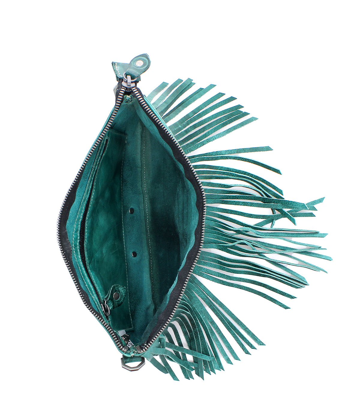 Open teal suede Bed Stu Silverrock fringe flap bag with zipper closure, revealing the interior pocket and lining.
