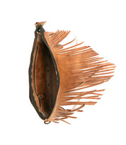 The Bed Stu Silverrock crossbody clutch in brown leather features long fringe details and opens to reveal a spacious main compartment with a secure zipper pocket.
